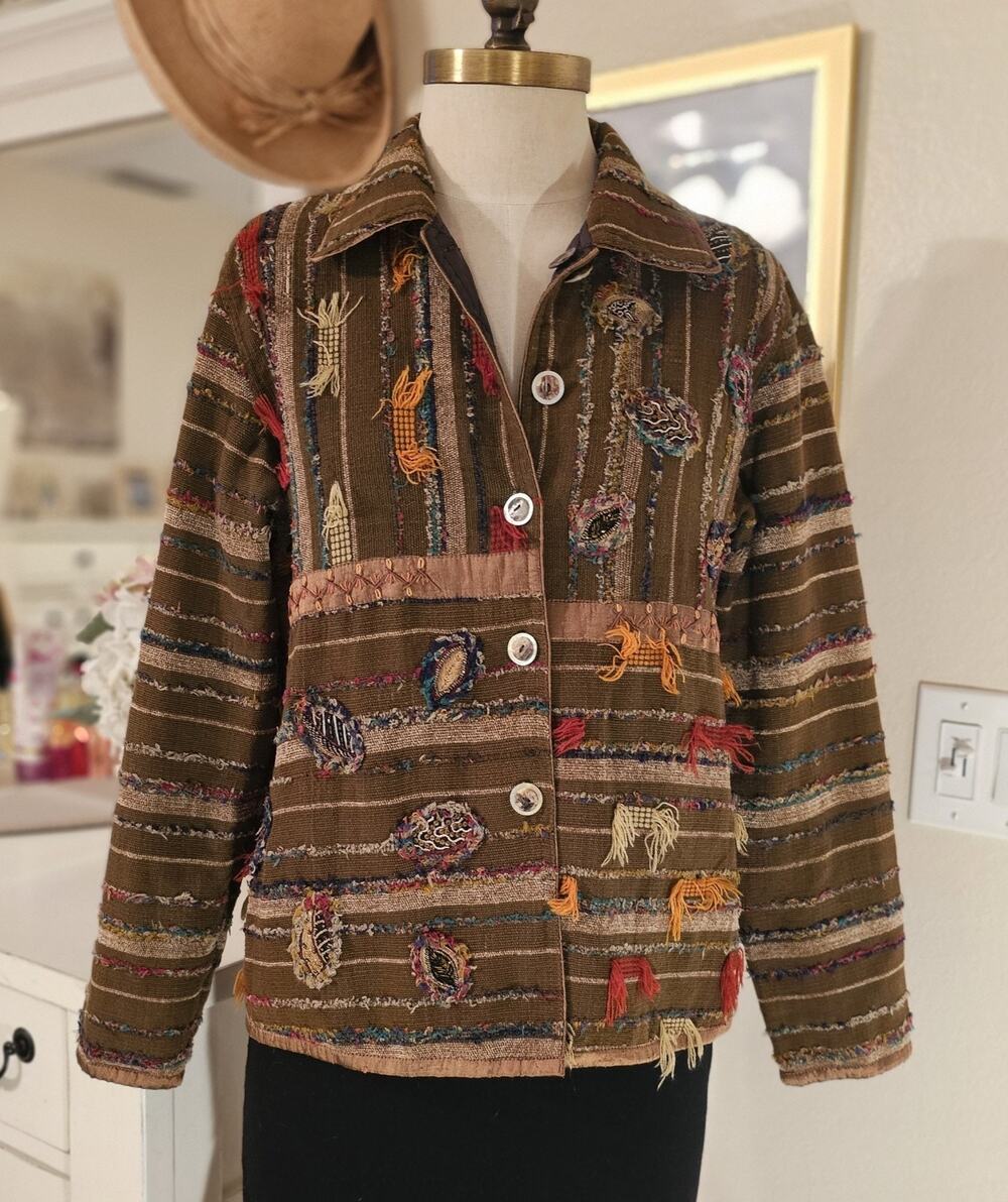 Vtg Yak Magic Women XL Jacket Reversible Patchwork Tapestry Leaf Applique Silk